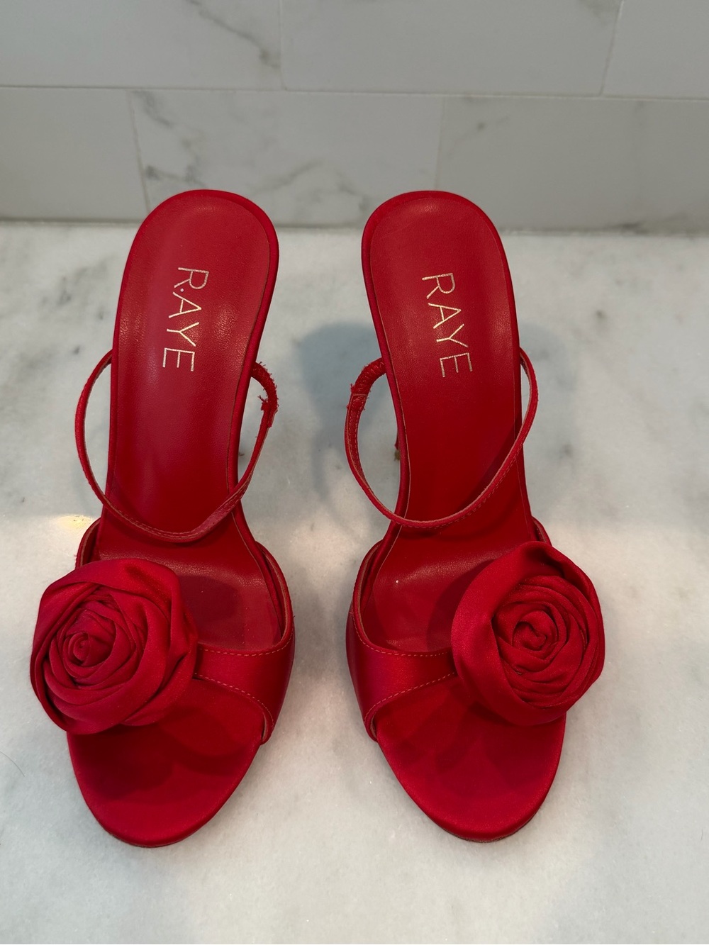 RAYE Vibrant Red Satin Rose Slide Heels